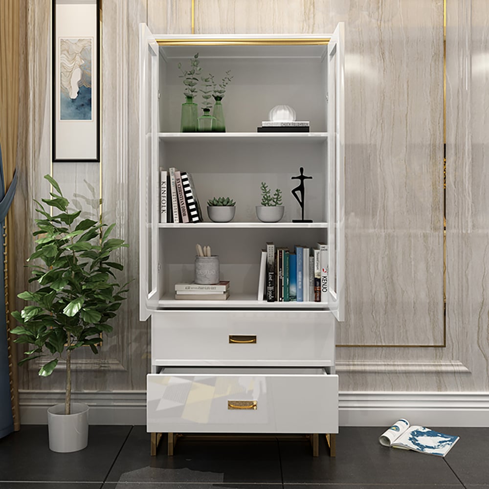 Tall Rectangular White Bookcase with Doors 2 Drawers 78" Height window image