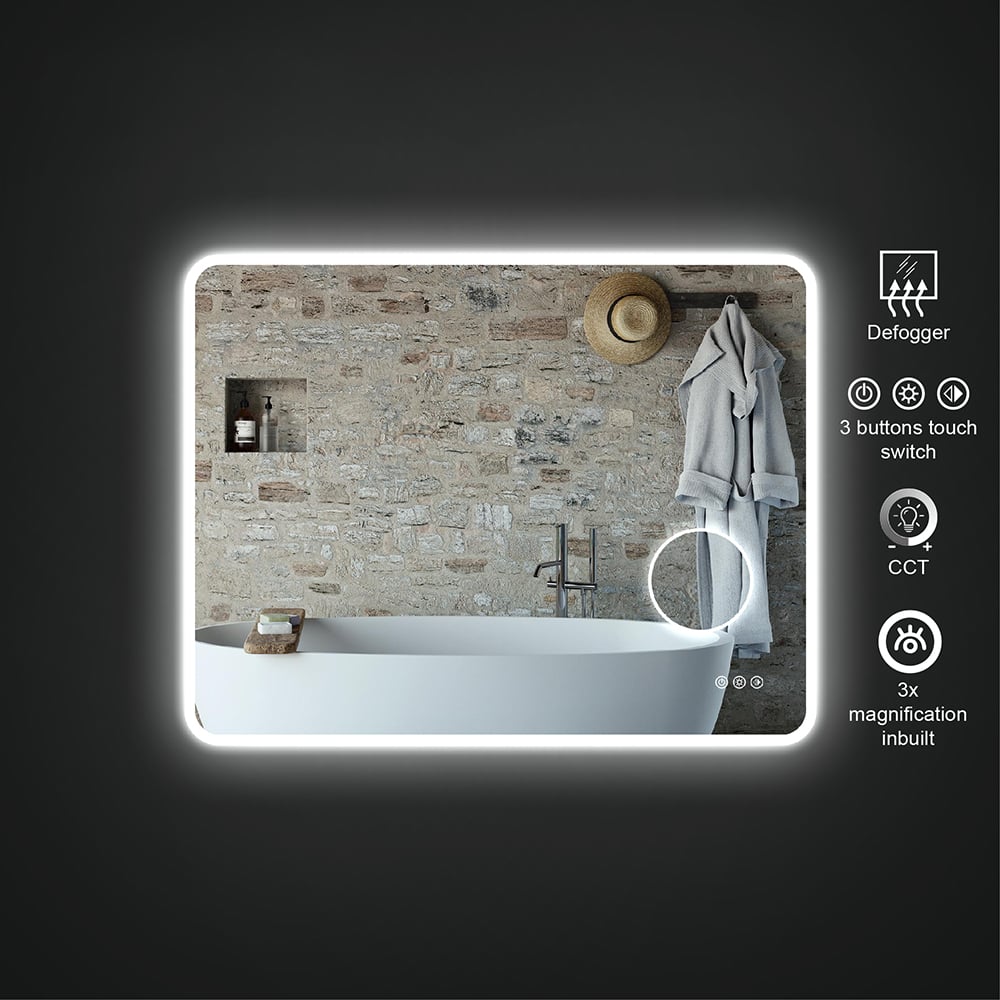 900mm x 700mm Frameless Magnifying Acrylic Wall Mounted LED Bathroom Mirror Anti-Fog window image