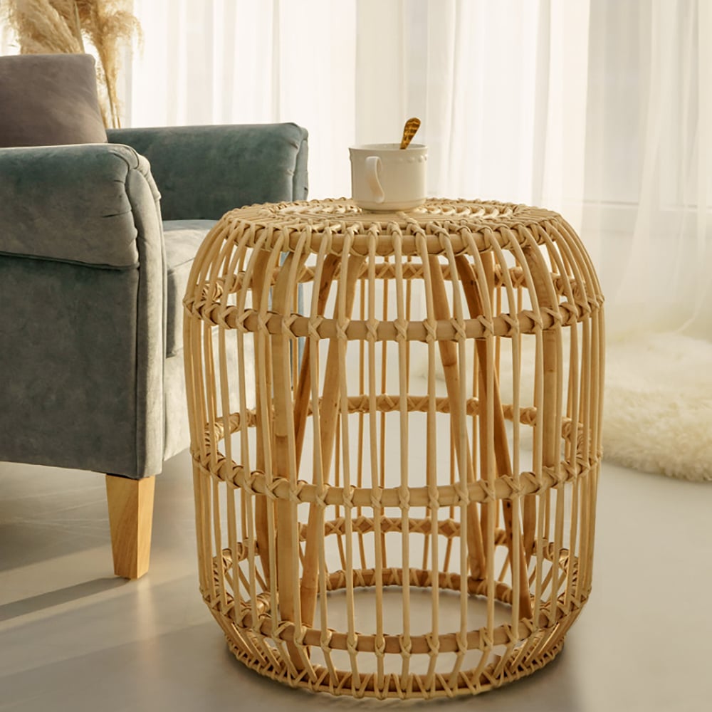 Farmhouse Rattan Round End Table Handmade Side Table Rustic window image