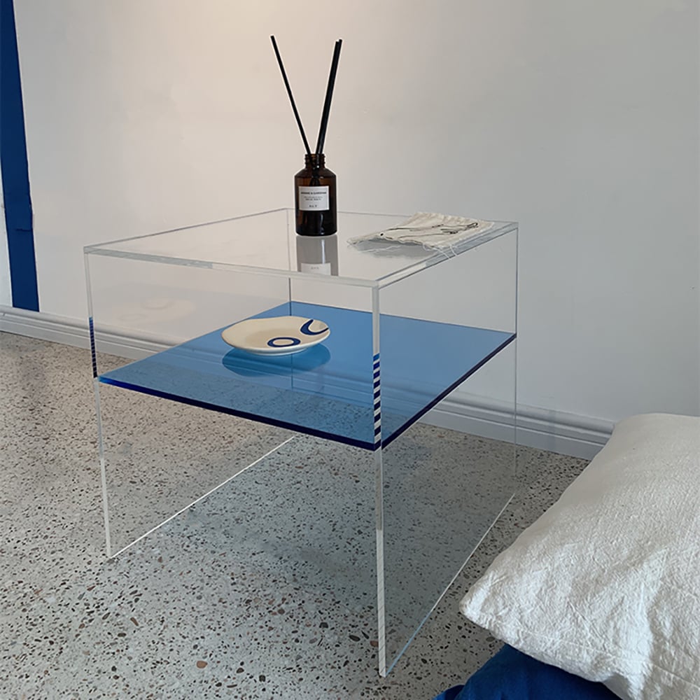 Vierkante bijzettafel van acryl in helder en blauw bijzettafel Vensterafbeelding