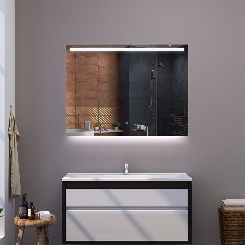 800mm x 600mm Frameless Acrylic Rectangle Wall Mounted LED Bathroom Mirror Anti-Fog window image