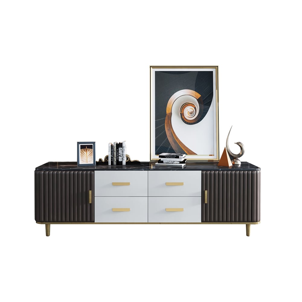 White & Coffee TV Stand 4-Drawer 2-Door Media Console Gold Finish window image