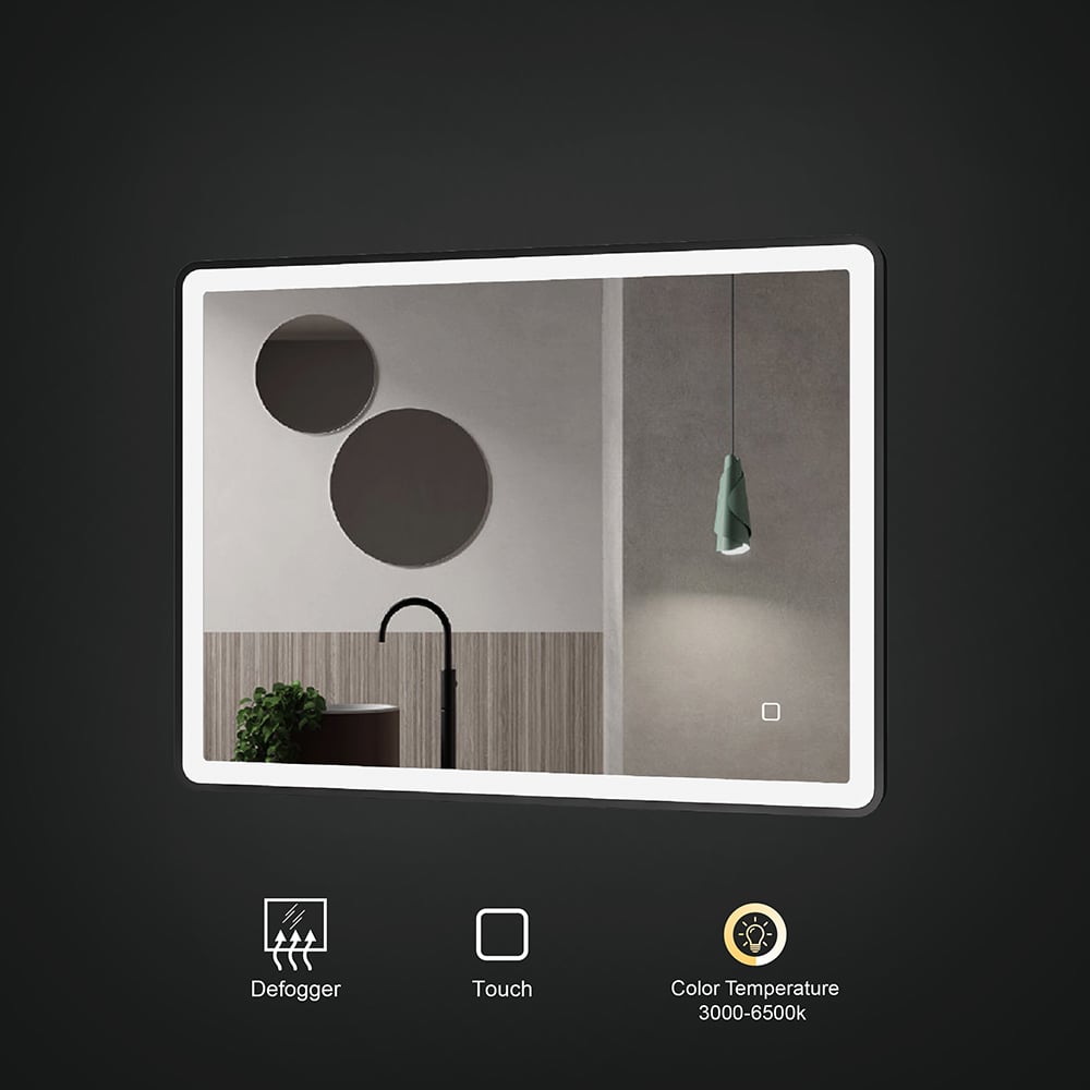 600mm x 800mm Wall-Mounted Aluminum Frame Demister LED Bathroom Mirrors Matt Black window image