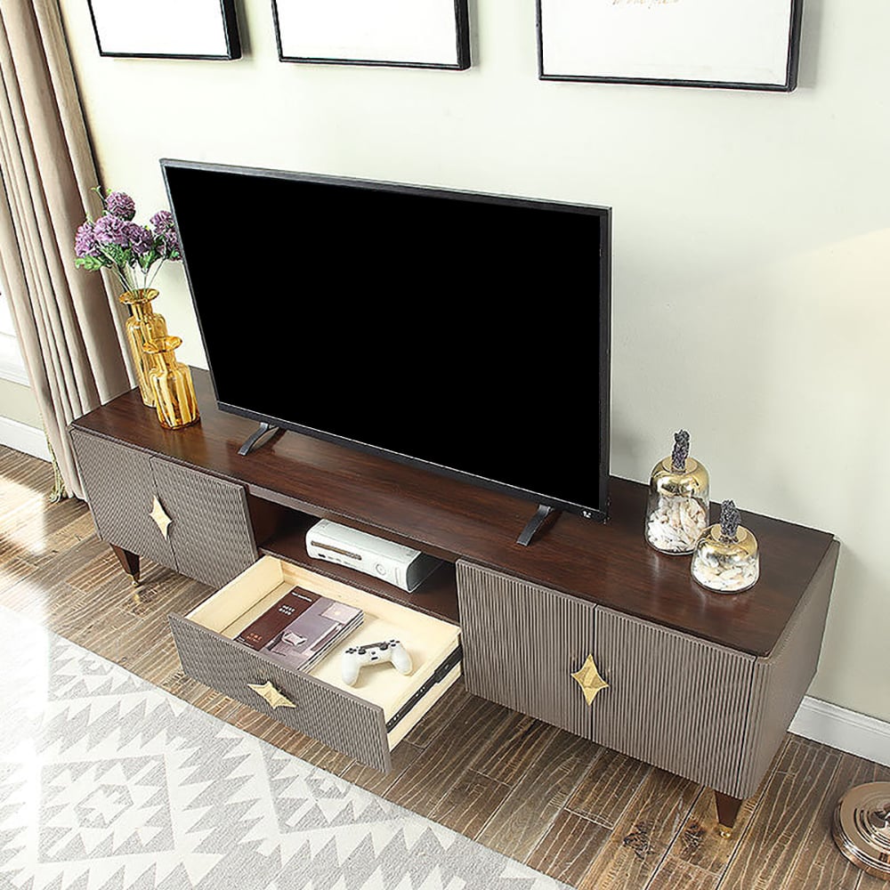 78" Gray TV Stand Doors & Drawer Walnut Top Media Console window image