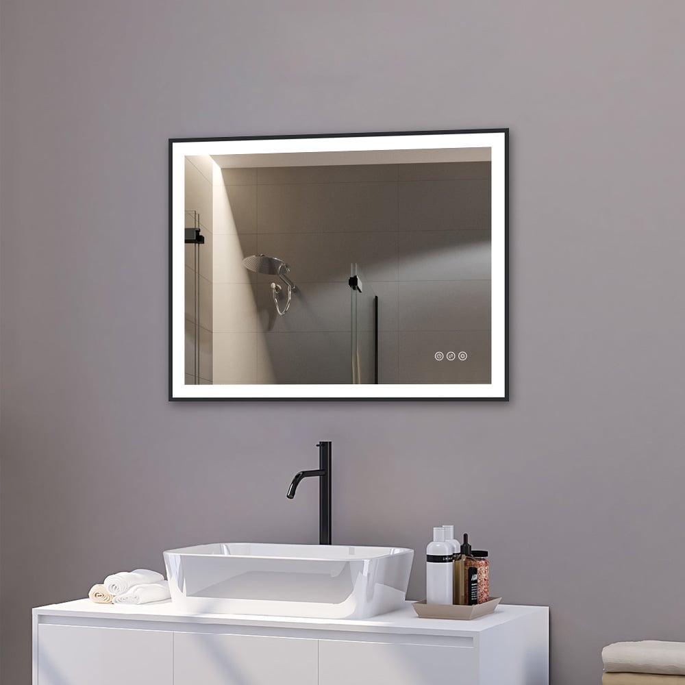 600mm x 800mm Matte Black Frame Rectangle Wall Mounted LED Bathroom Mirror Anti-Fog window image