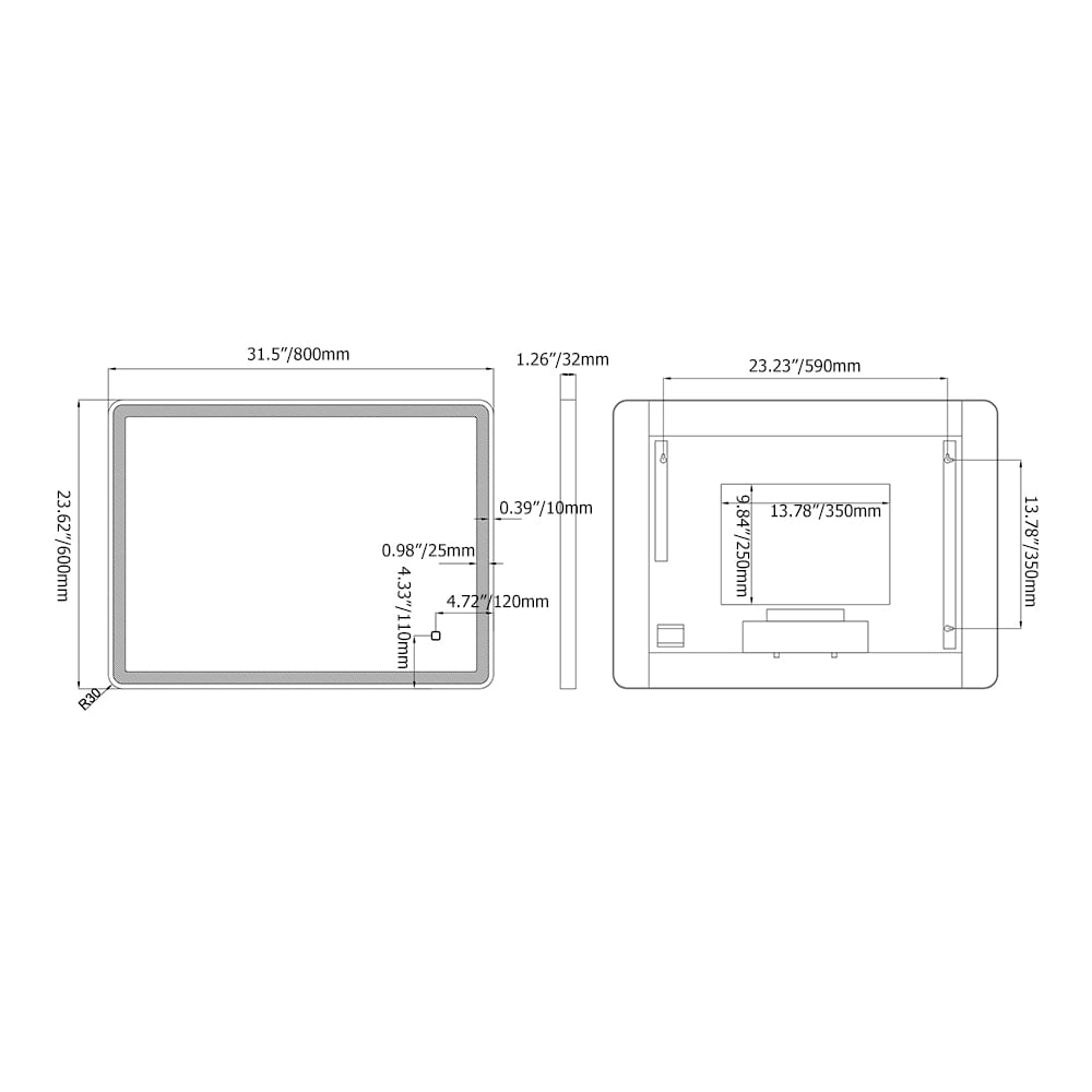 600mm x 800mm Wall-Mounted Aluminum Frame Demister LED Bathroom Mirrors Matt Black window image