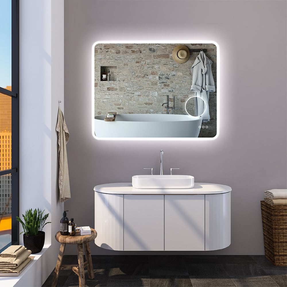 900mm x 700mm Frameless Magnifying Acrylic Wall Mounted LED Bathroom Mirror Anti-Fog window image