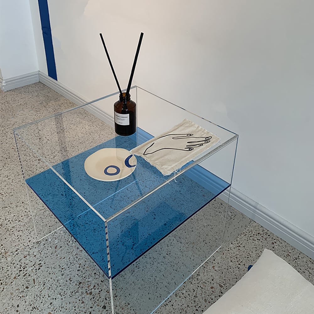 Vierkante bijzettafel van acryl in helder en blauw bijzettafel Vensterafbeelding