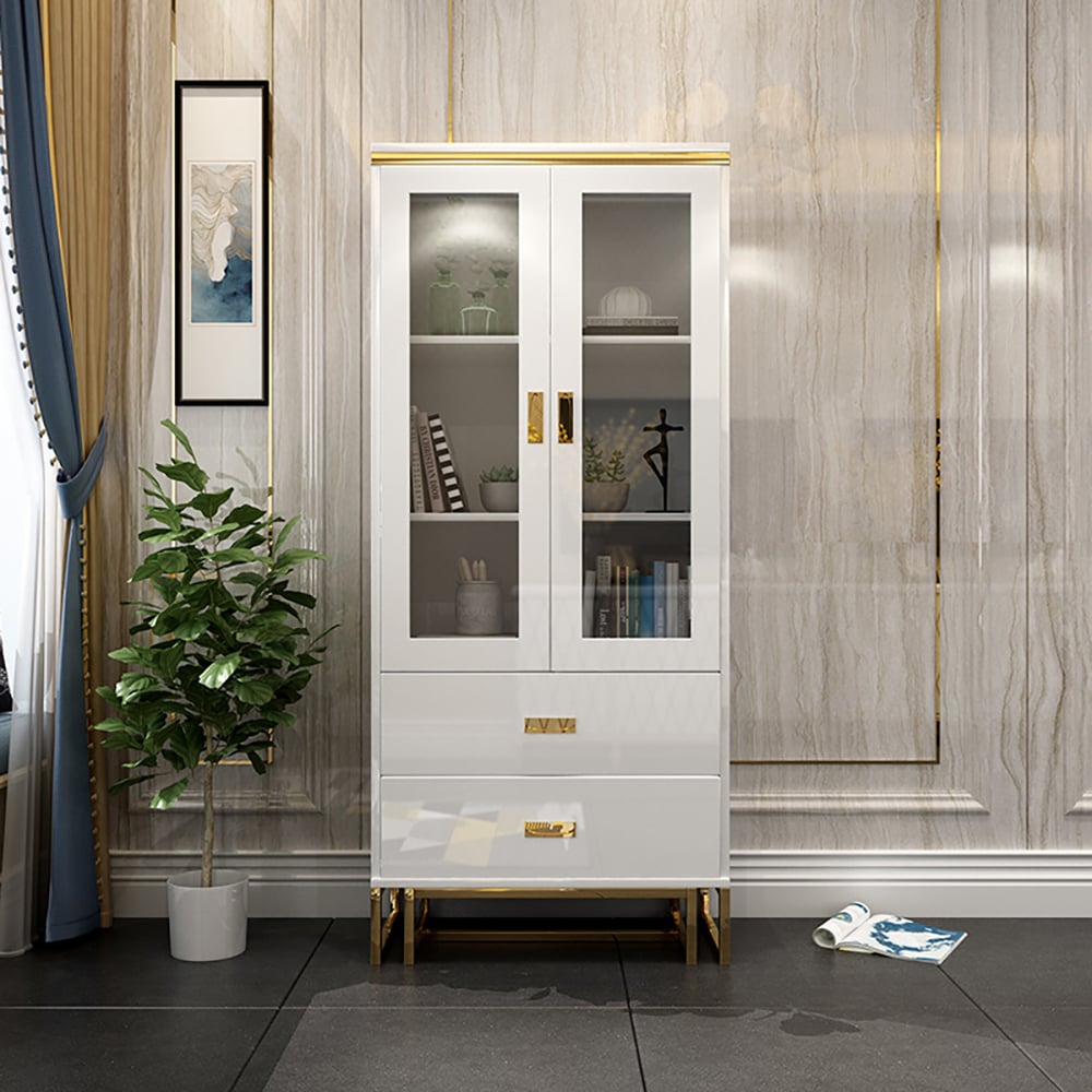 Tall Rectangular White Bookcase with Doors 2 Drawers 78" Height window image