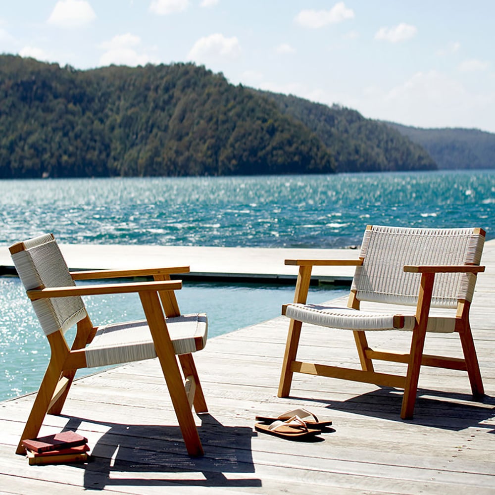 Patio Accent Chair with PE Rattan Back and Teak Wood Frame window image