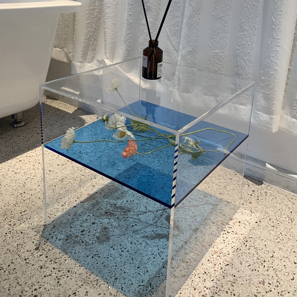 Vierkante bijzettafel van acryl in helder en blauw bijzettafel Vensterafbeelding