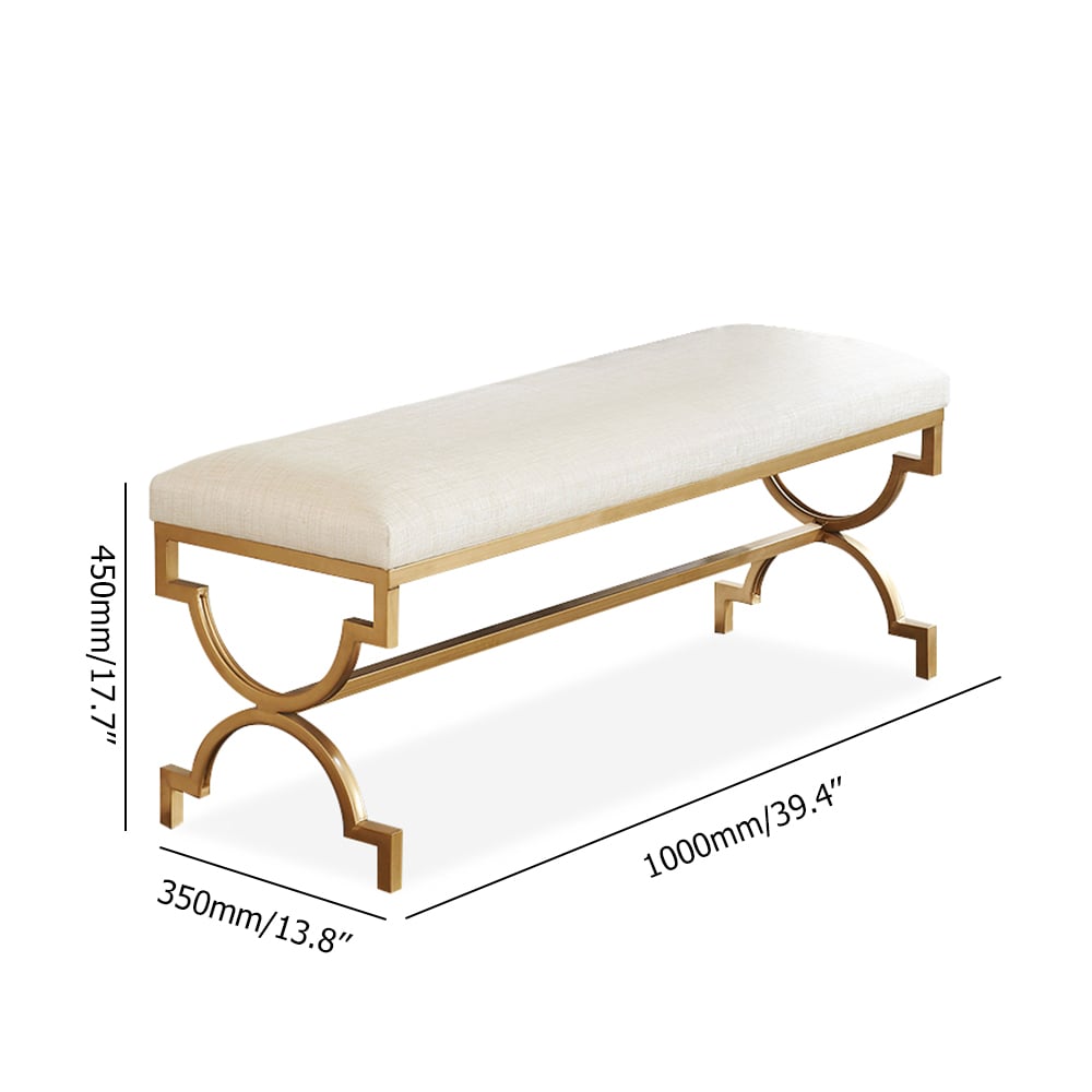 Modern Linen Upholstered Bedroom Bench Gold Metal Frame Ottoman window image