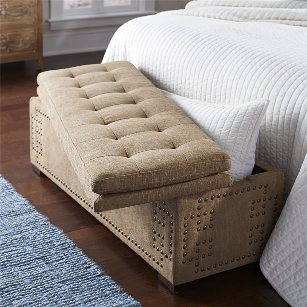 Farmhouse Flip Top Bedroom Storage Bench Linen Upholstered window image