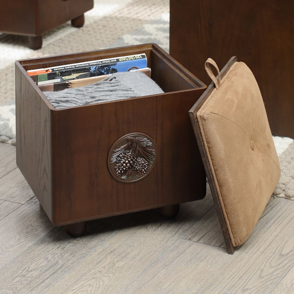 Tabouret de rangement carré en bois rétro à rabat image de fenêtre