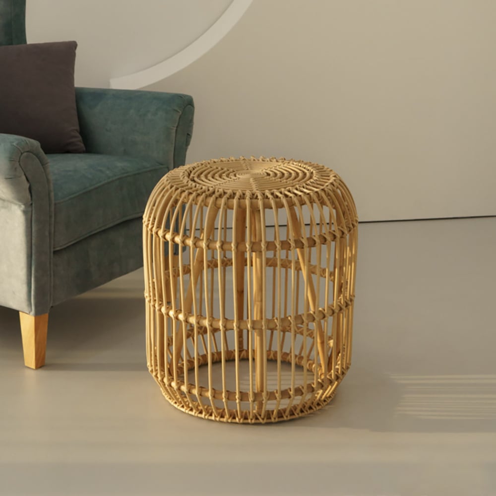 Farmhouse Rattan Round End Table Handmade Side Table Rustic window image