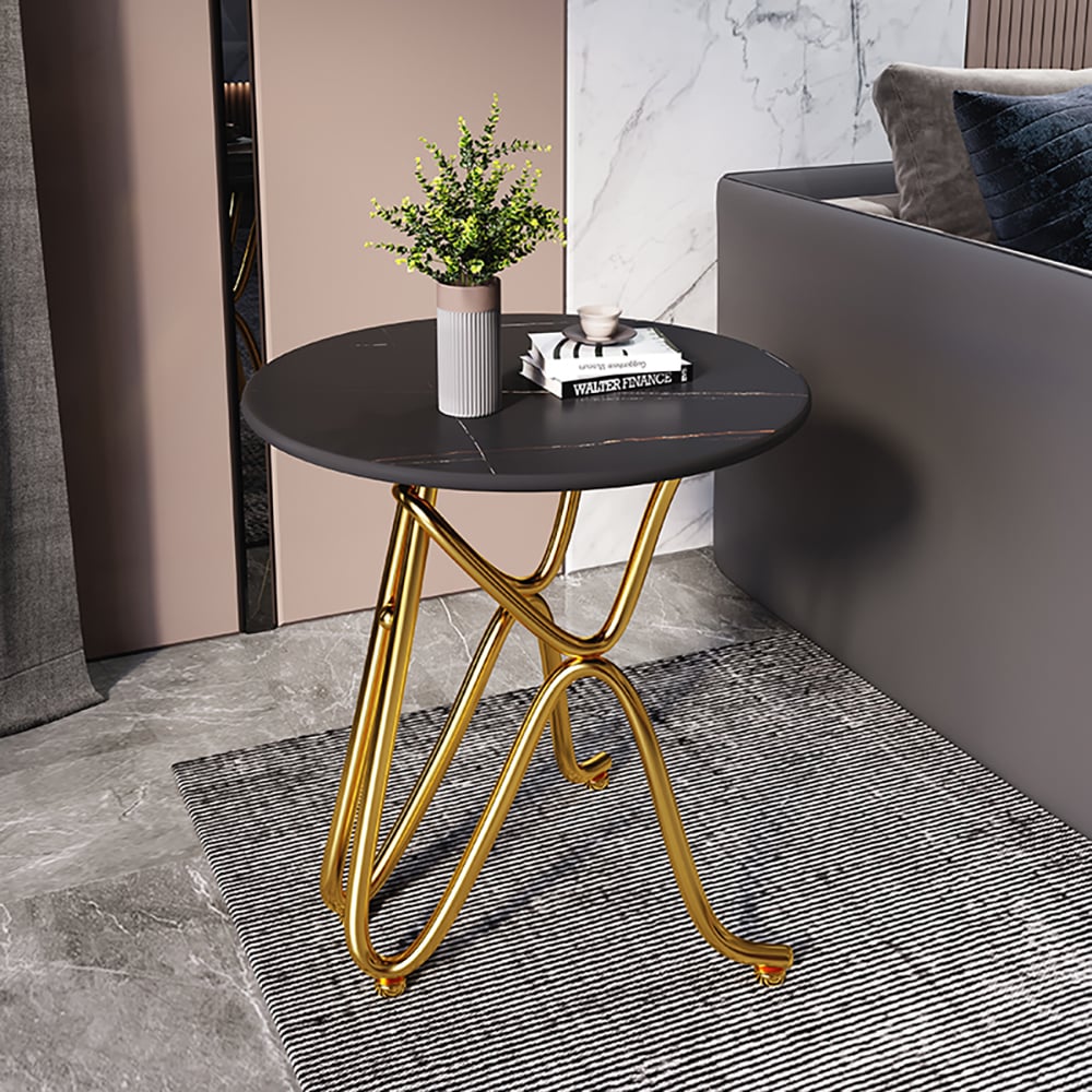 Modern Black End Table Metal Side Table Stone Round Tabletop window image