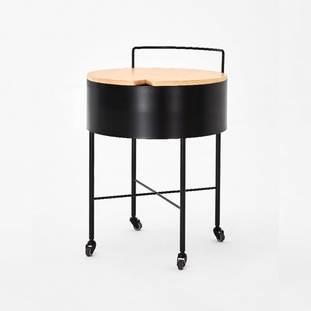 Black Metal End Table with Storage Wooden Top Round Side Table window image