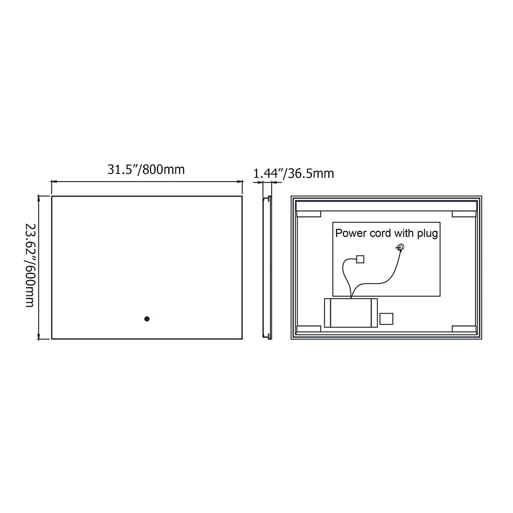 800mm x 600mm Frameless Acrylic Rectangle Wall Mounted LED Bathroom Mirror Anti-Fog window image