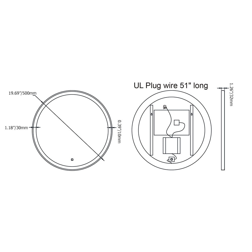 Zwart ingelijste badkamerspiegels met verlichting 20 „ronde LED-badkamerwandspiegels Afbeelding met gewichten en afmetingen