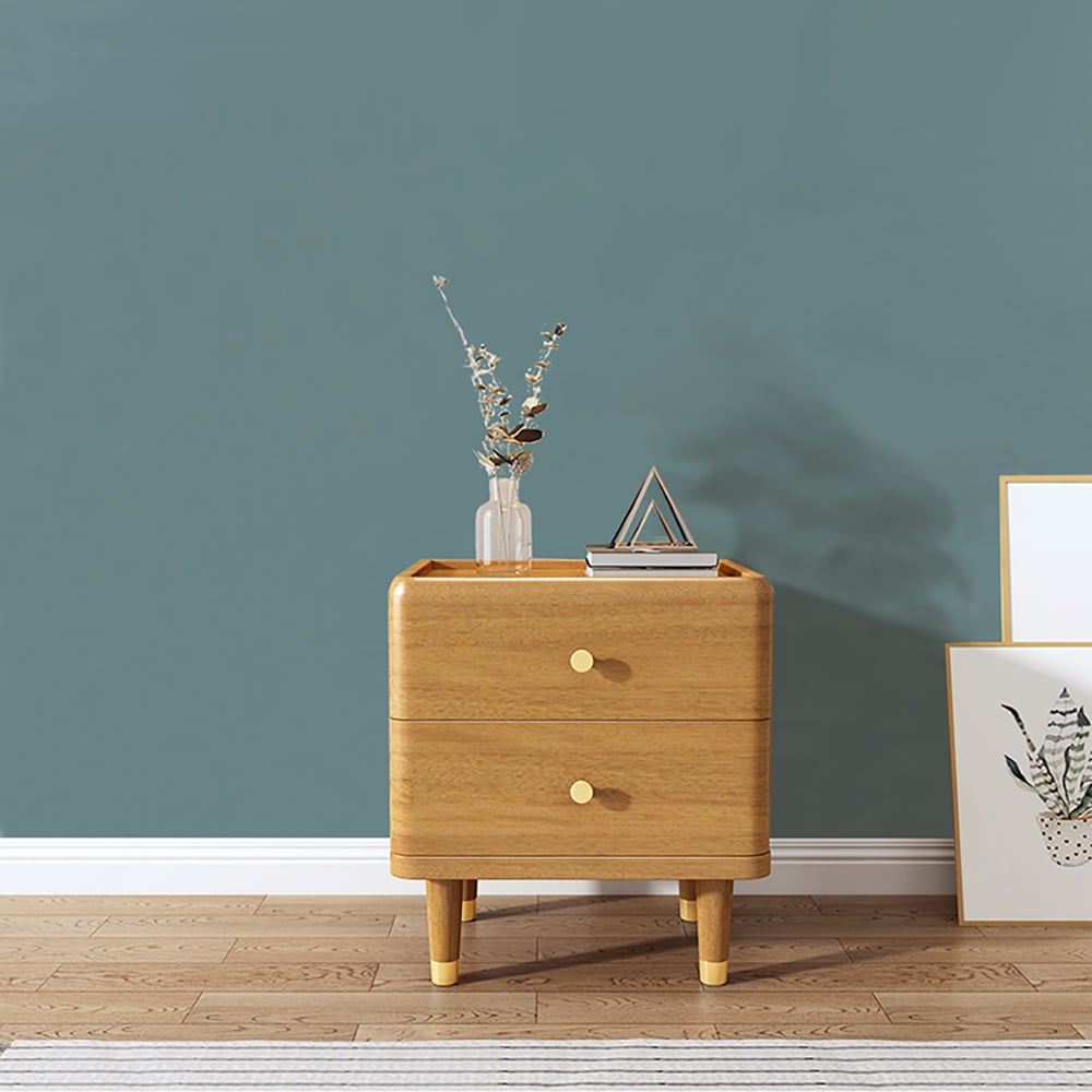 Nordic Natural Nightstand 2-Drawer Sleek Round Corners Bedside Table Gold Finish window image