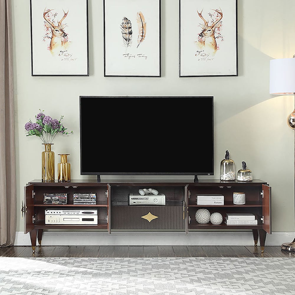 78" Gray TV Stand Doors & Drawer Walnut Top Media Console window image