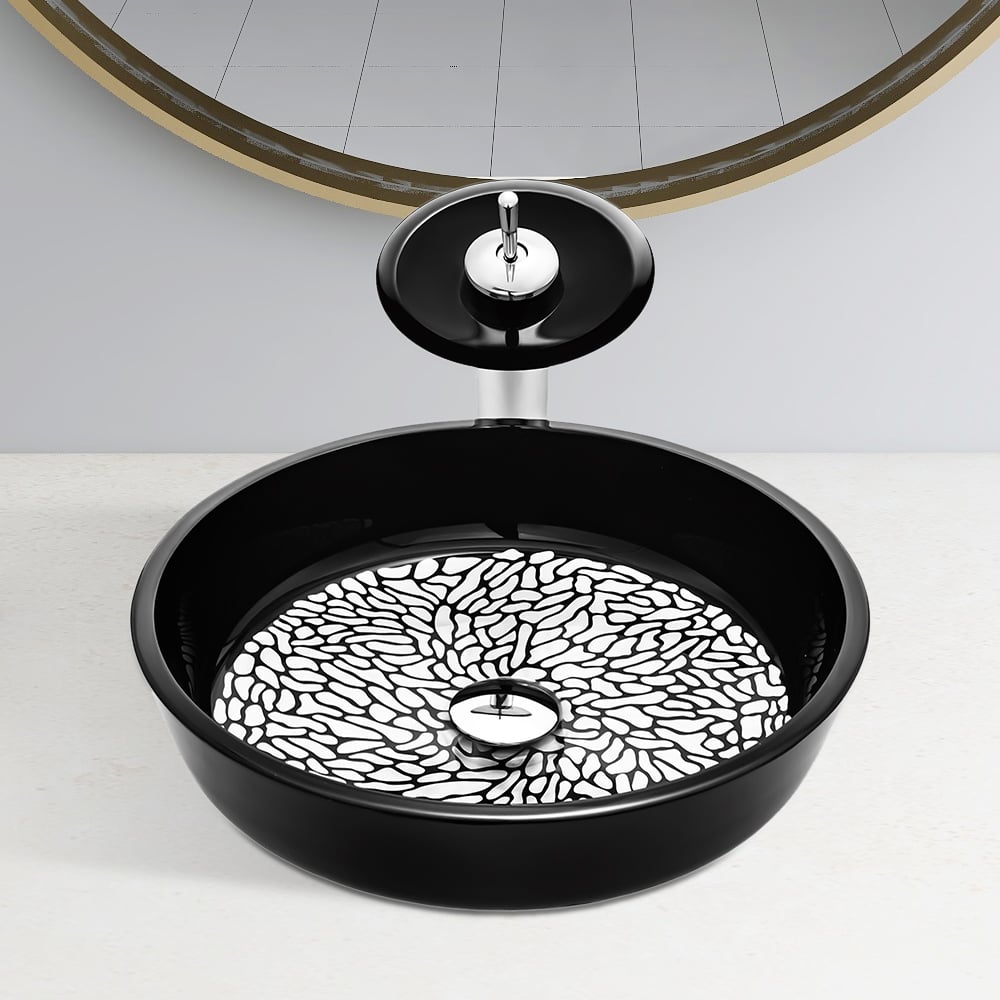 Black Rounded Shaped Crystal Glass Bowl Bathroom Wash Sink with Faucet window image