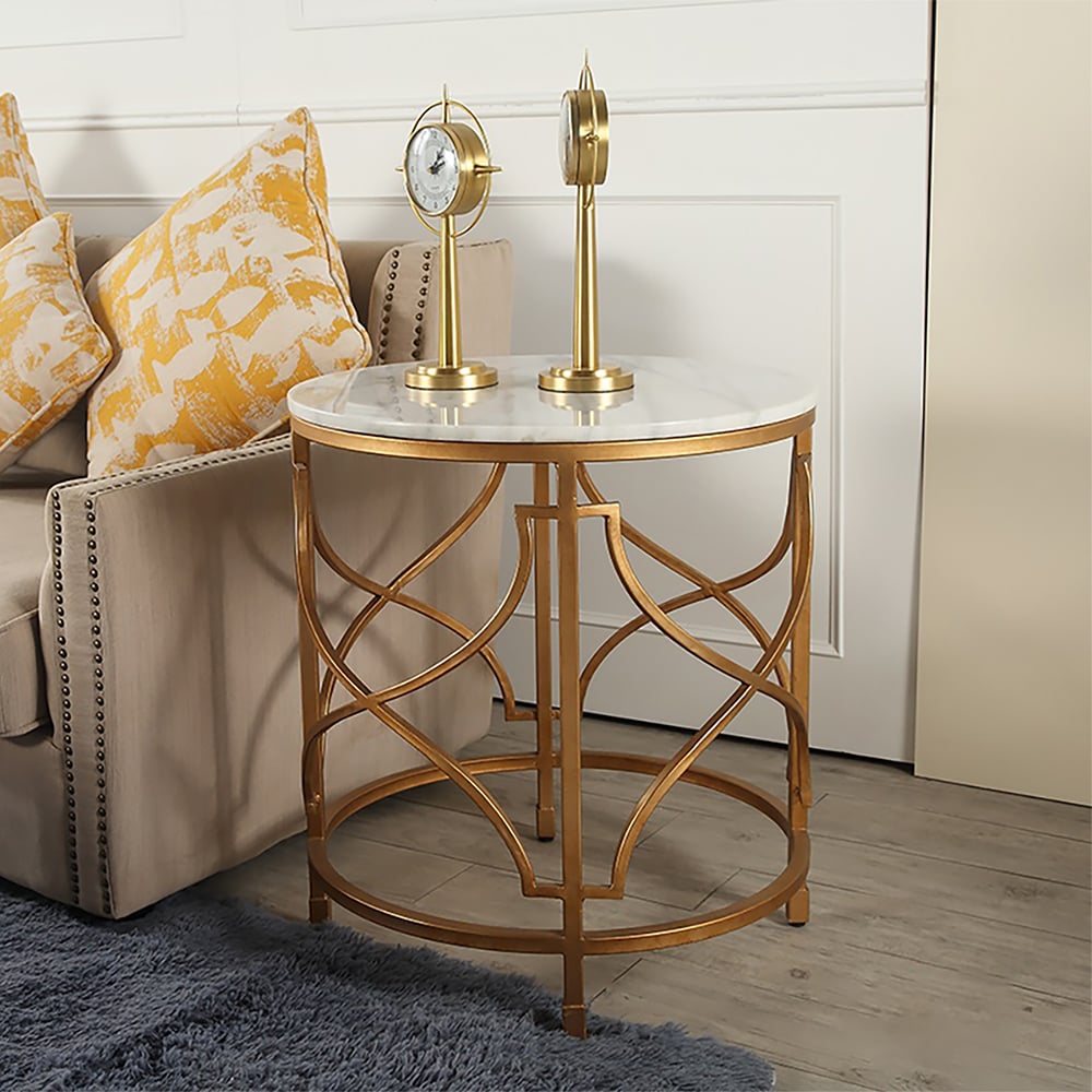Modern White & Gold End Table with Marble Top & Metal Frame Side Table window image