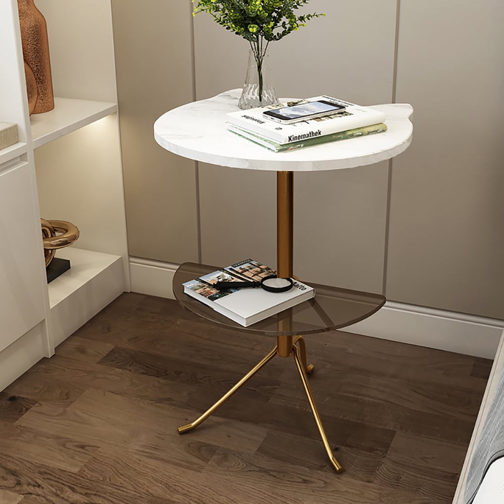 2-Tiered White Marble End Table with Shelves in Glass Metal Side Table window image