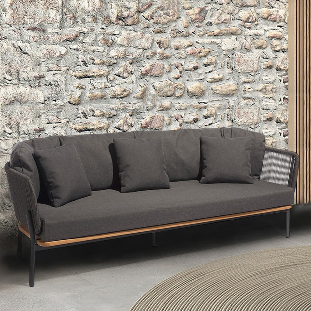 3-Seater Woven Rope Outdoor Sofa with Cushion and Pillow Aluminum in Dark Grey window image