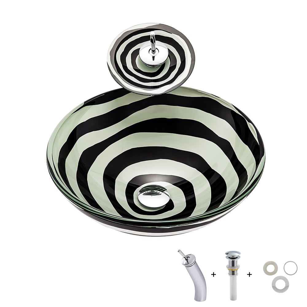 Lavabo de salle de bain en verre cristal de forme arrondie à rayures zébrées avec robinet image de fenêtre