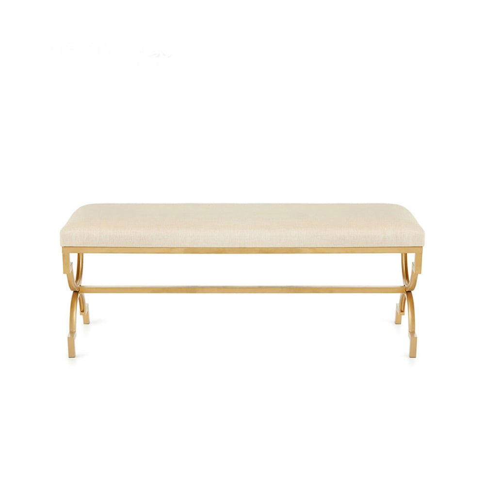 Modern Linen Upholstered Bedroom Bench Gold Metal Frame Ottoman window image