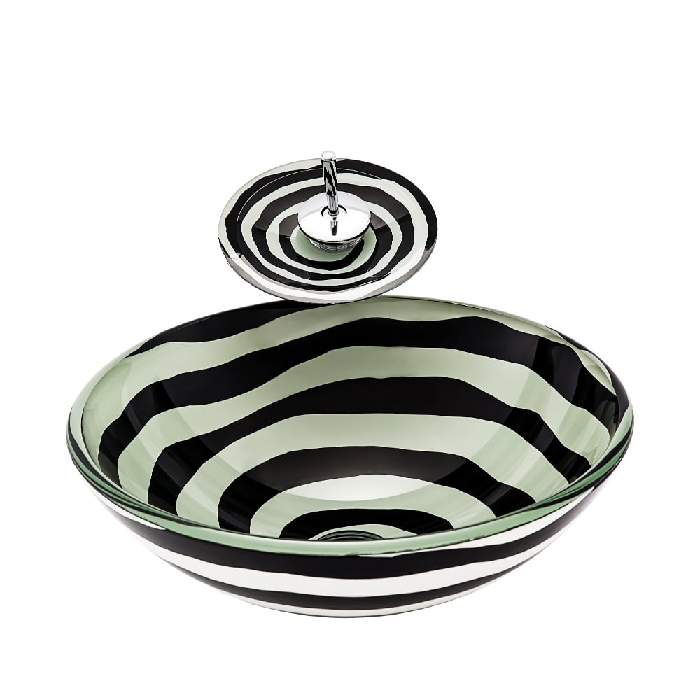 Lavabo de salle de bain en verre cristal de forme arrondie à rayures zébrées avec robinet image de fenêtre