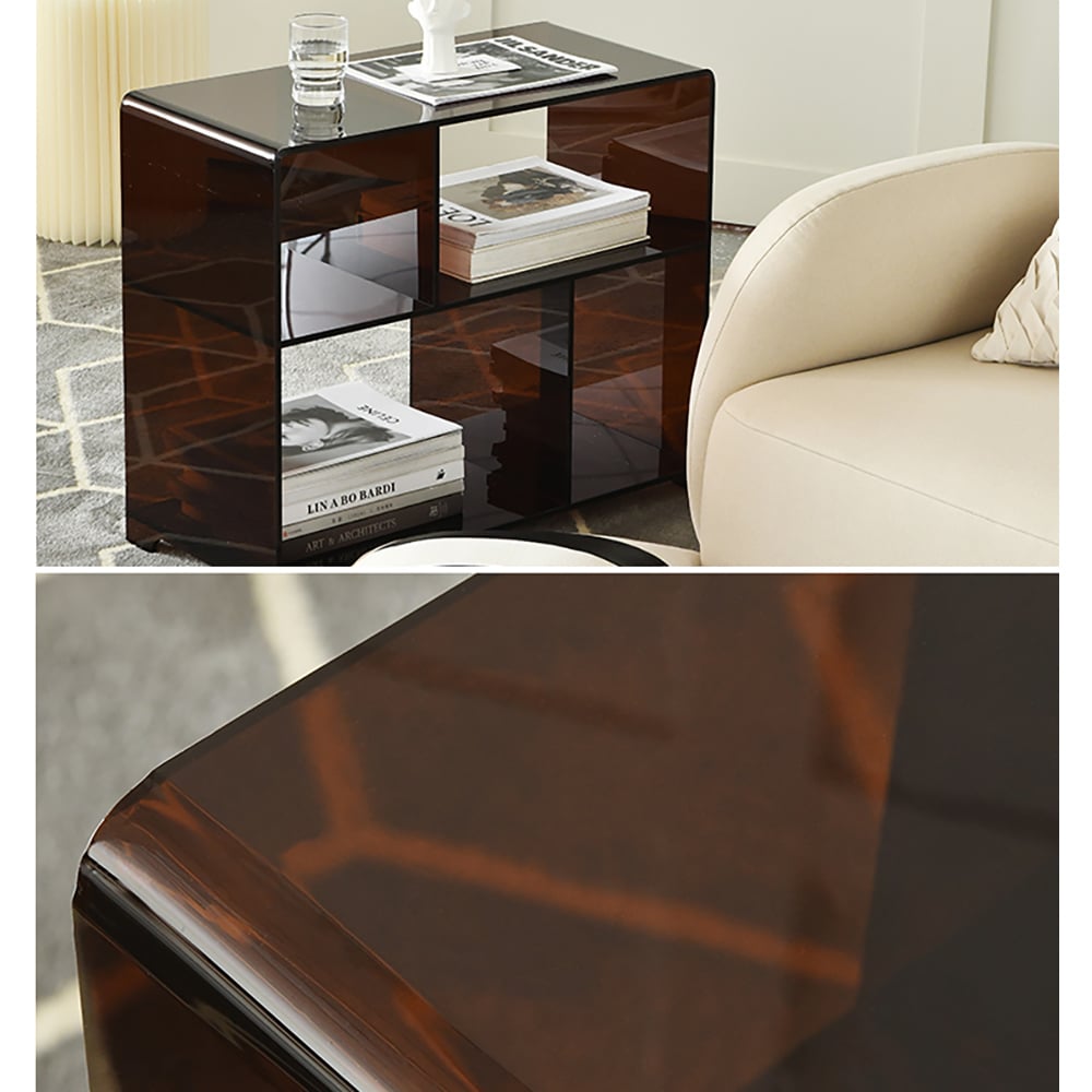 Tavolino con estremità trasparente con ripiano in acrilico stretto con ripiani Immagine della finestra