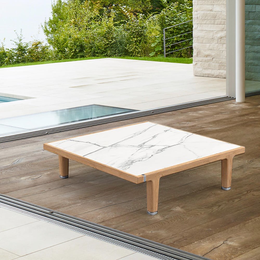 Square Outdoor Coffee Table with Marble-top and Teak-base window image