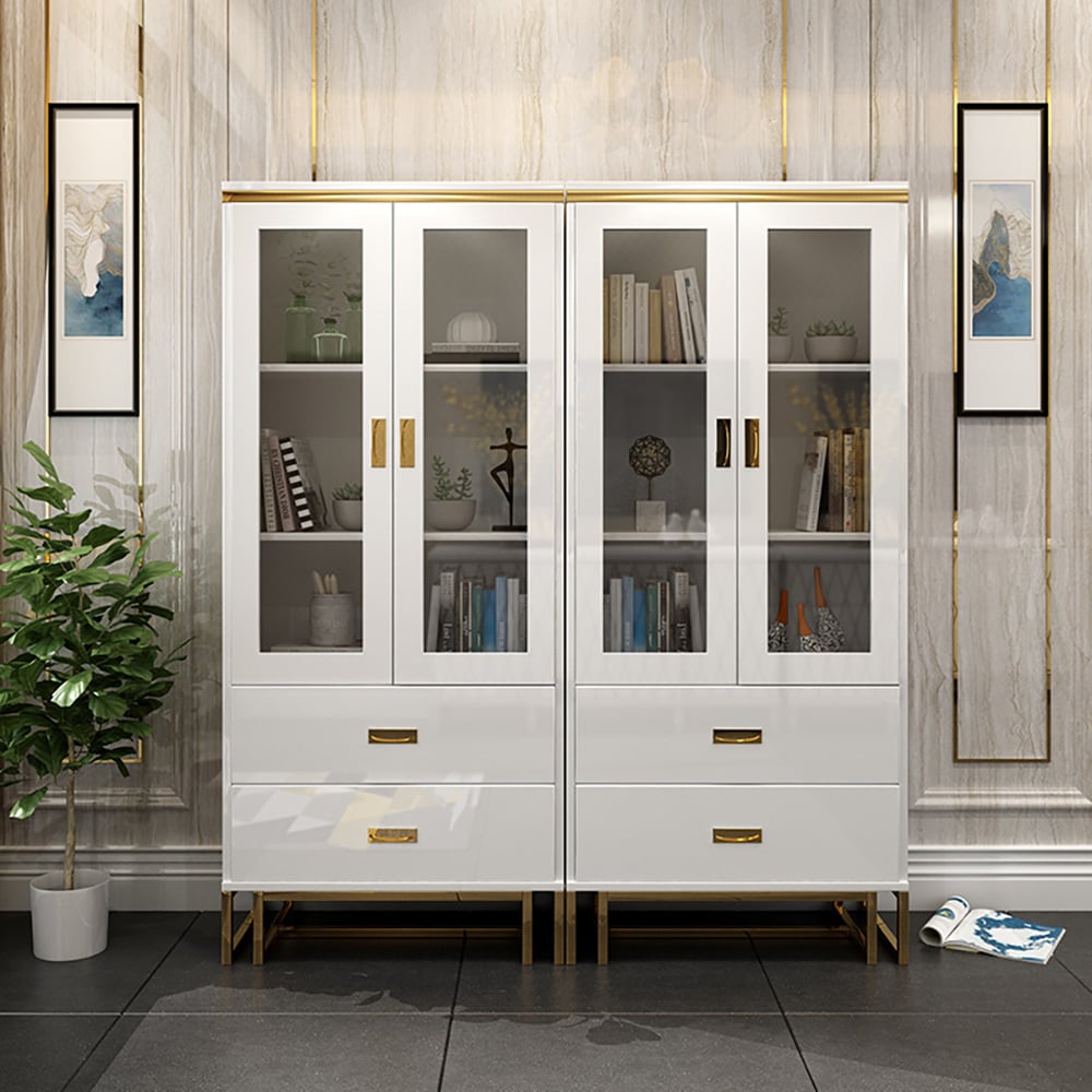 Tall Rectangular White Bookcase with Doors 2 Drawers 78" Height window image