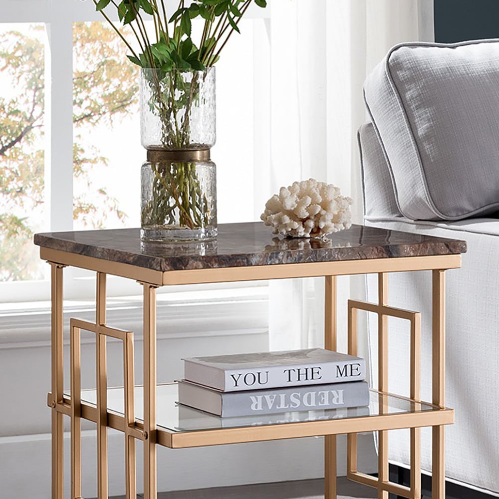 Modern Square Marble End Table in Mahogany with Gold Metal Frame window image
