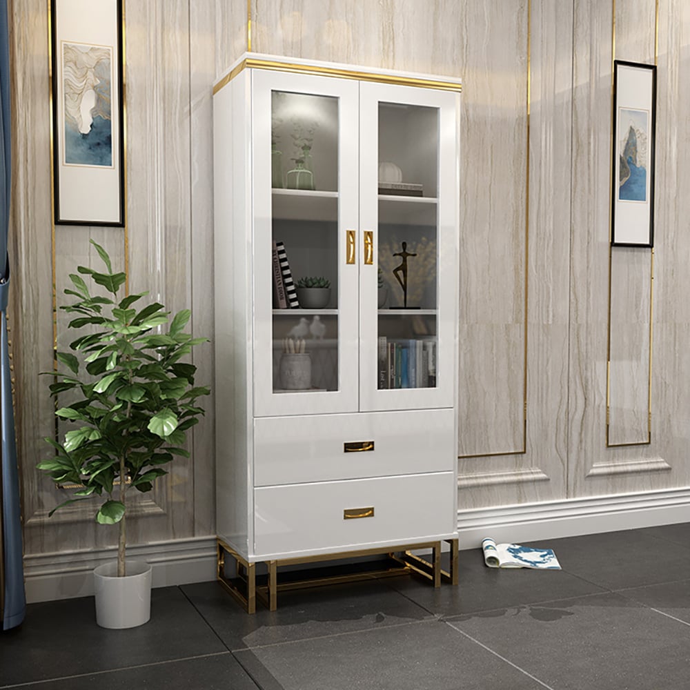 Tall Rectangular White Bookcase with Doors 2 Drawers 78" Height window image