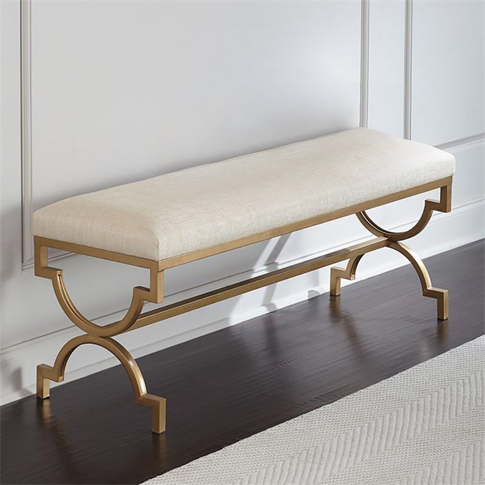 Modern Linen Upholstered Bedroom Bench Gold Metal Frame Ottoman window image