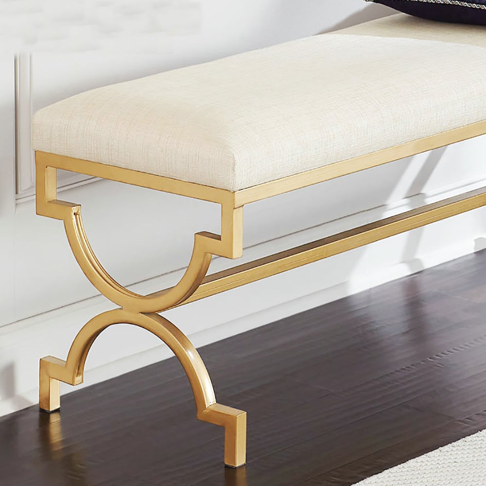 Modern Linen Upholstered Bedroom Bench Gold Metal Frame Ottoman window image
