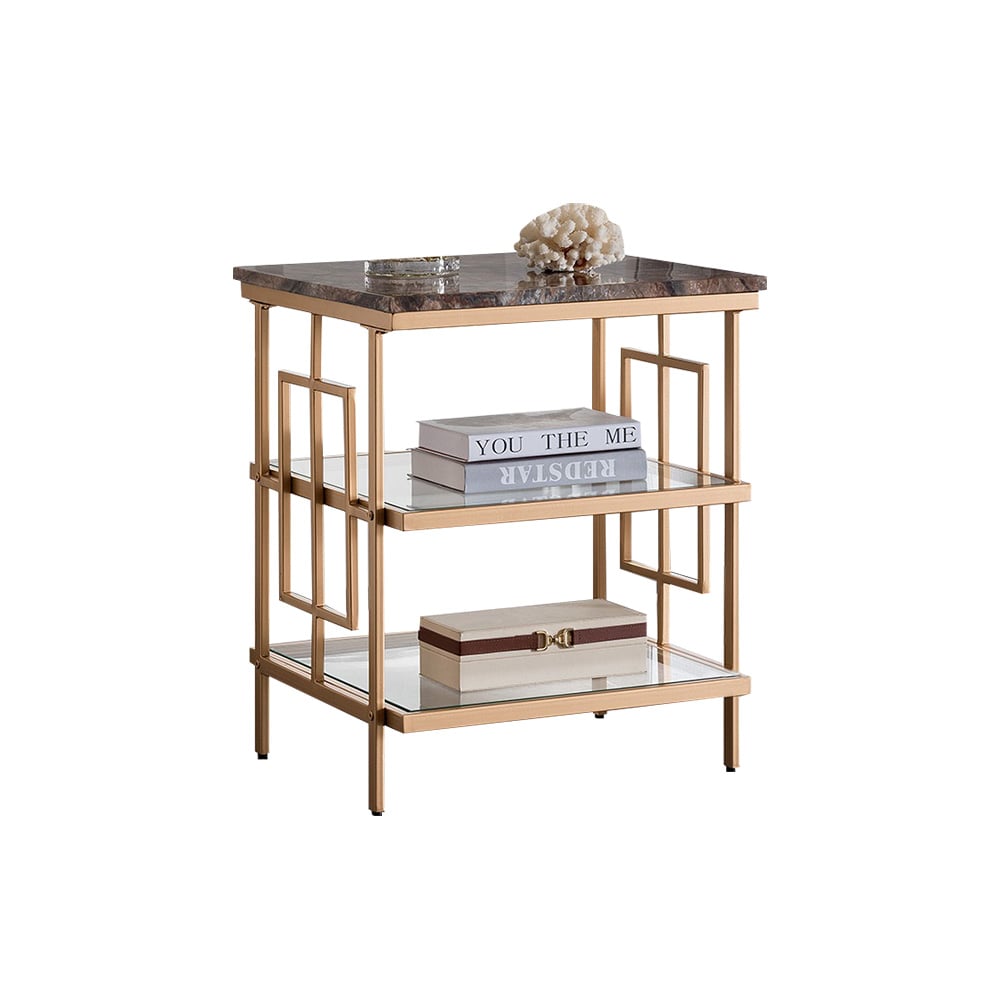 Modern Square Marble End Table in Mahogany with Gold Metal Frame window image