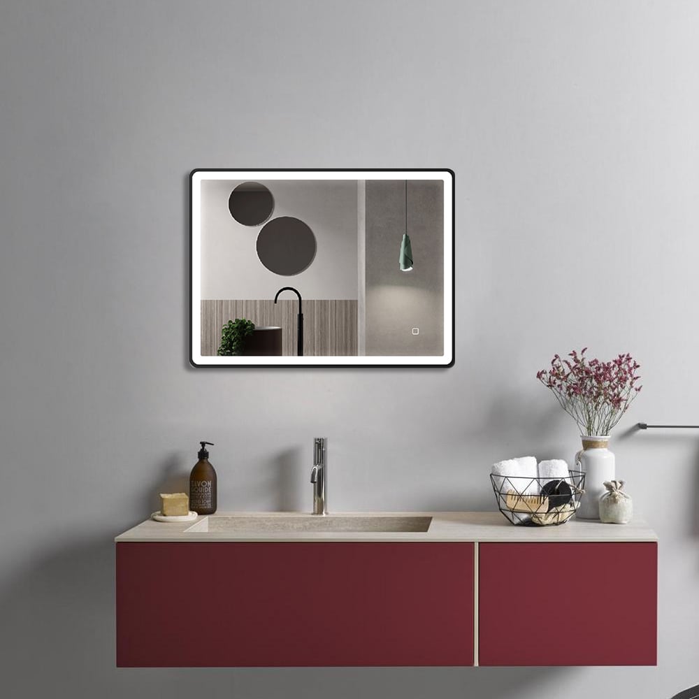 600mm x 800mm Wall-Mounted Aluminum Frame Demister LED Bathroom Mirrors Matt Black window image