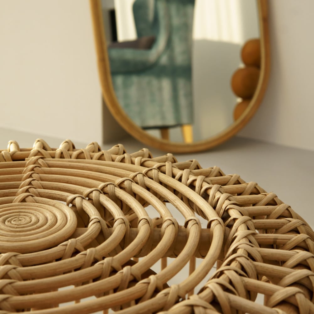 Farmhouse Rattan Round End Table Handmade Side Table Rustic window image