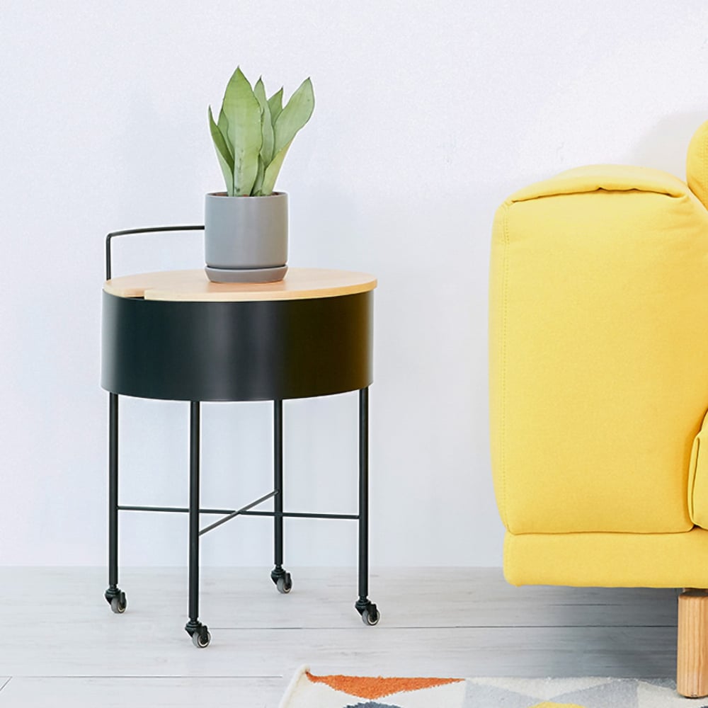 Black Metal End Table with Storage Wooden Top Round Side Table window image