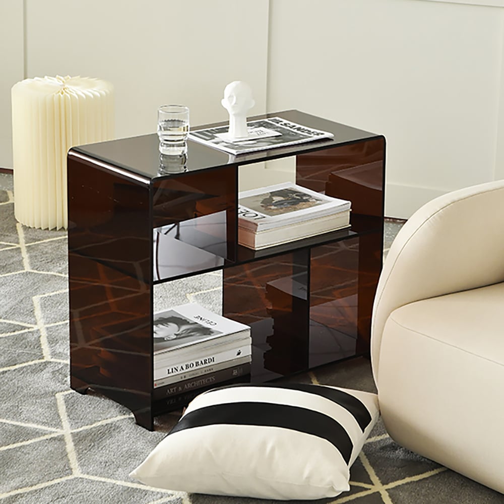 Tavolino con estremità trasparente con ripiano in acrilico stretto con ripiani Immagine della finestra