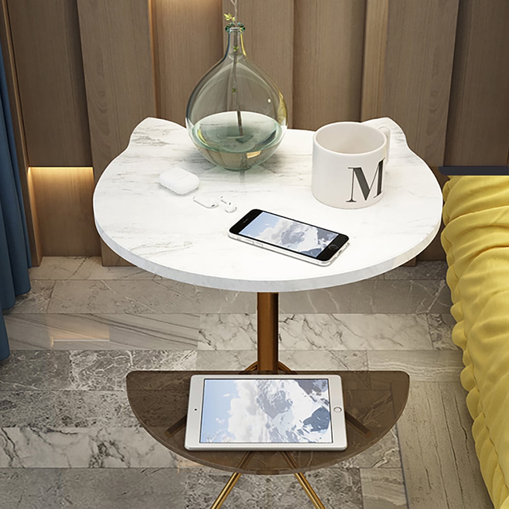 2-Tiered White Marble End Table with Shelves in Glass Metal Side Table window image