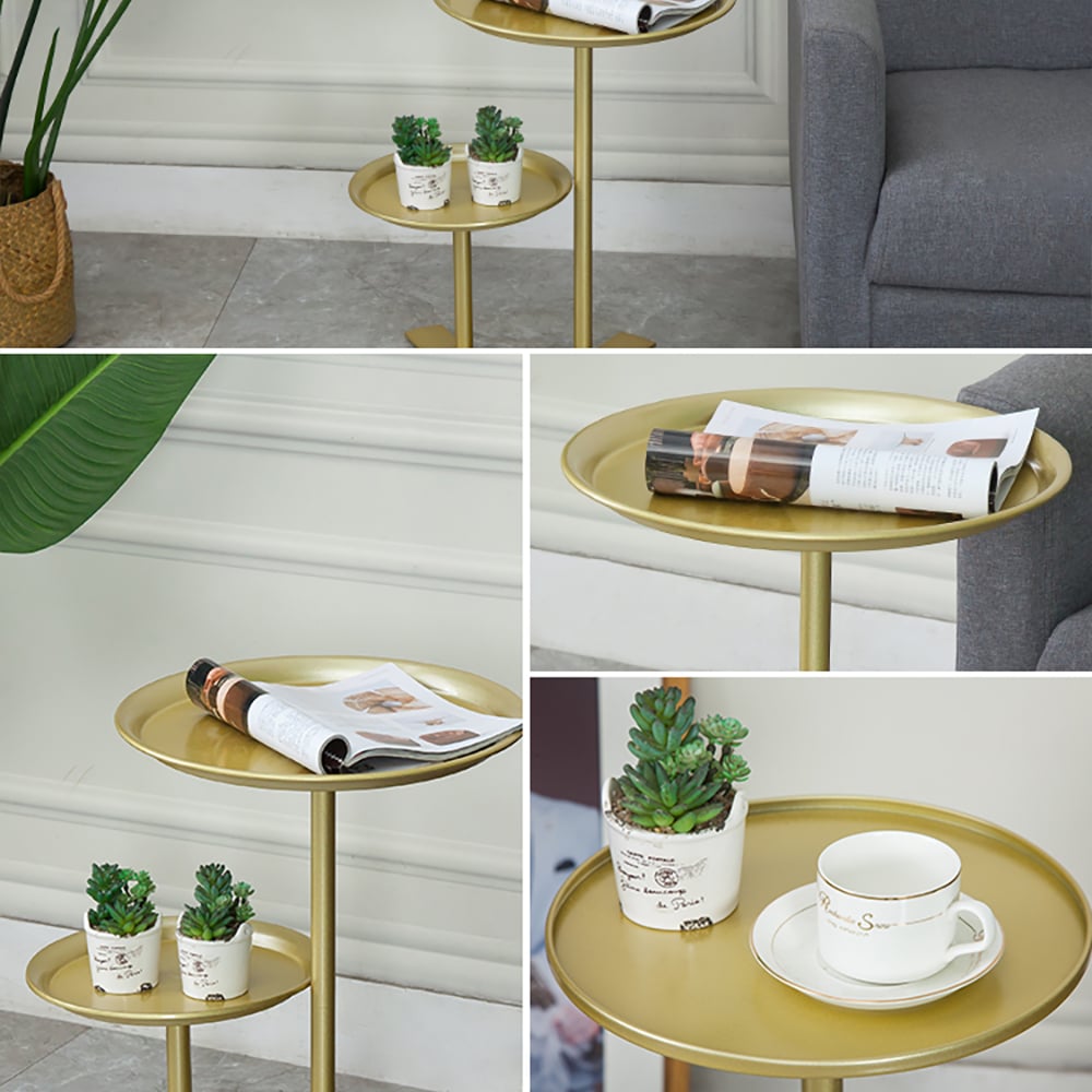Modern Gold Metal End Table with 2 Tray Top Round Side Table Homary UK