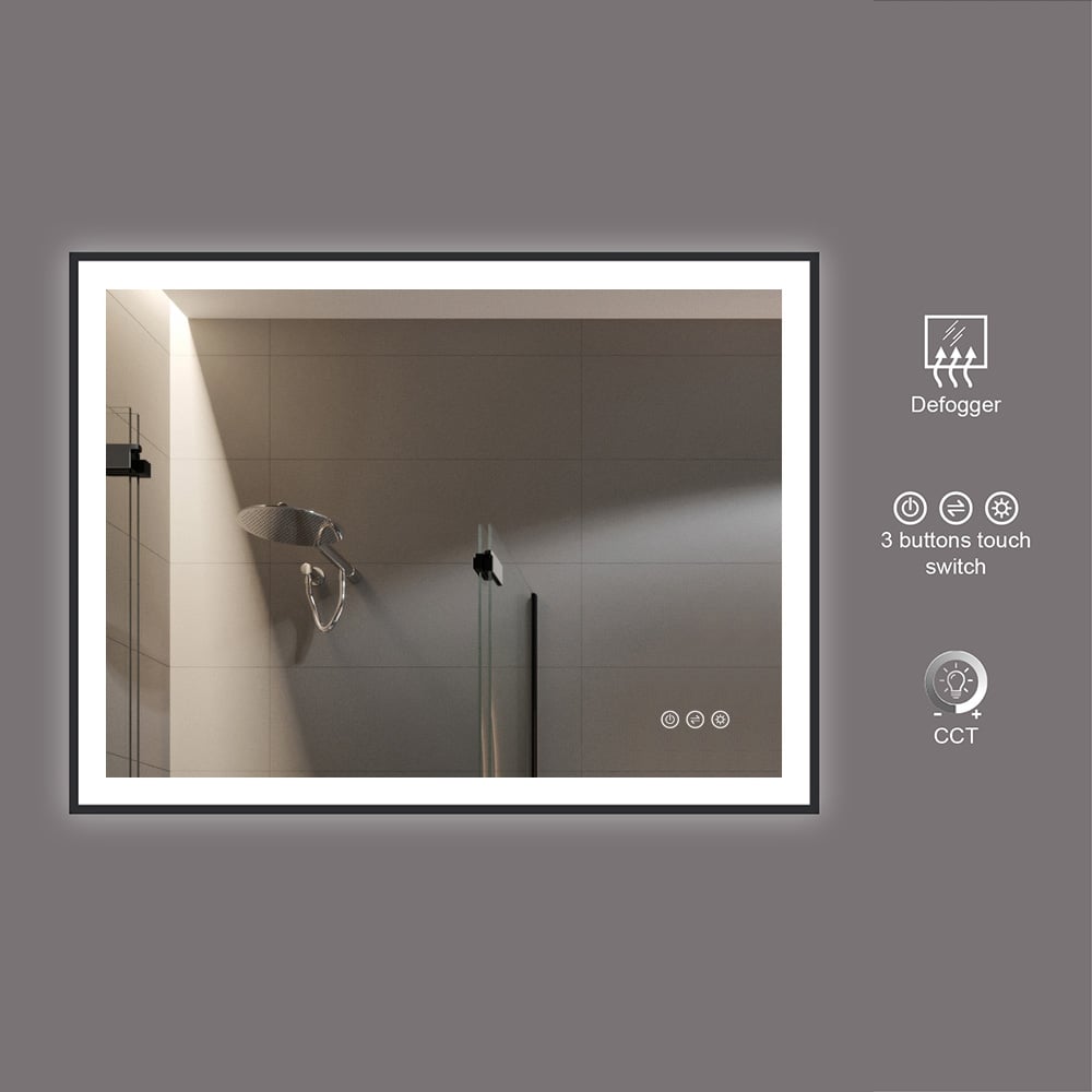 600mm x 800mm Matte Black Frame Rectangle Wall Mounted LED Bathroom Mirror Anti-Fog window image