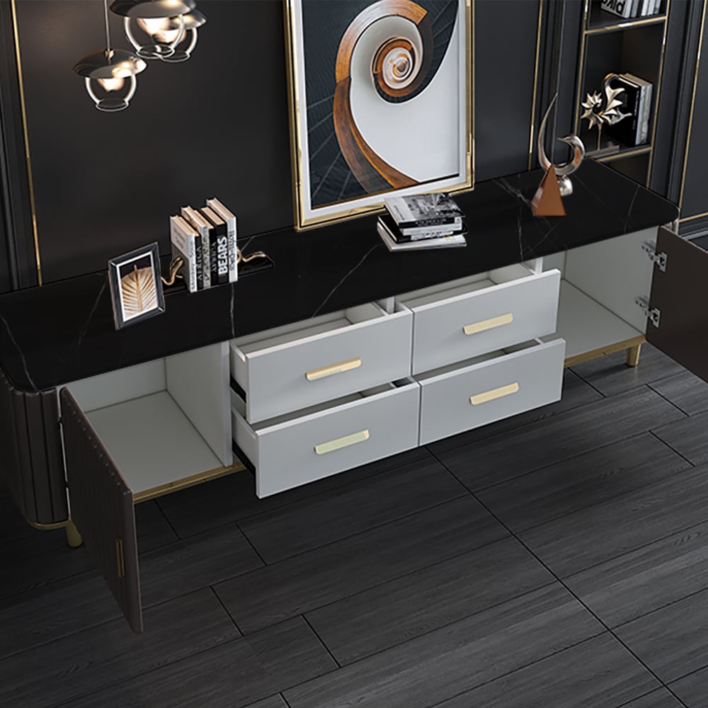 White & Coffee TV Stand 4-Drawer 2-Door Media Console Gold Finish window image