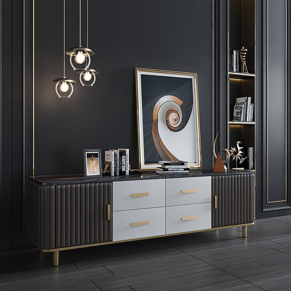 White & Coffee TV Stand 4-Drawer 2-Door Media Console Gold Finish window image