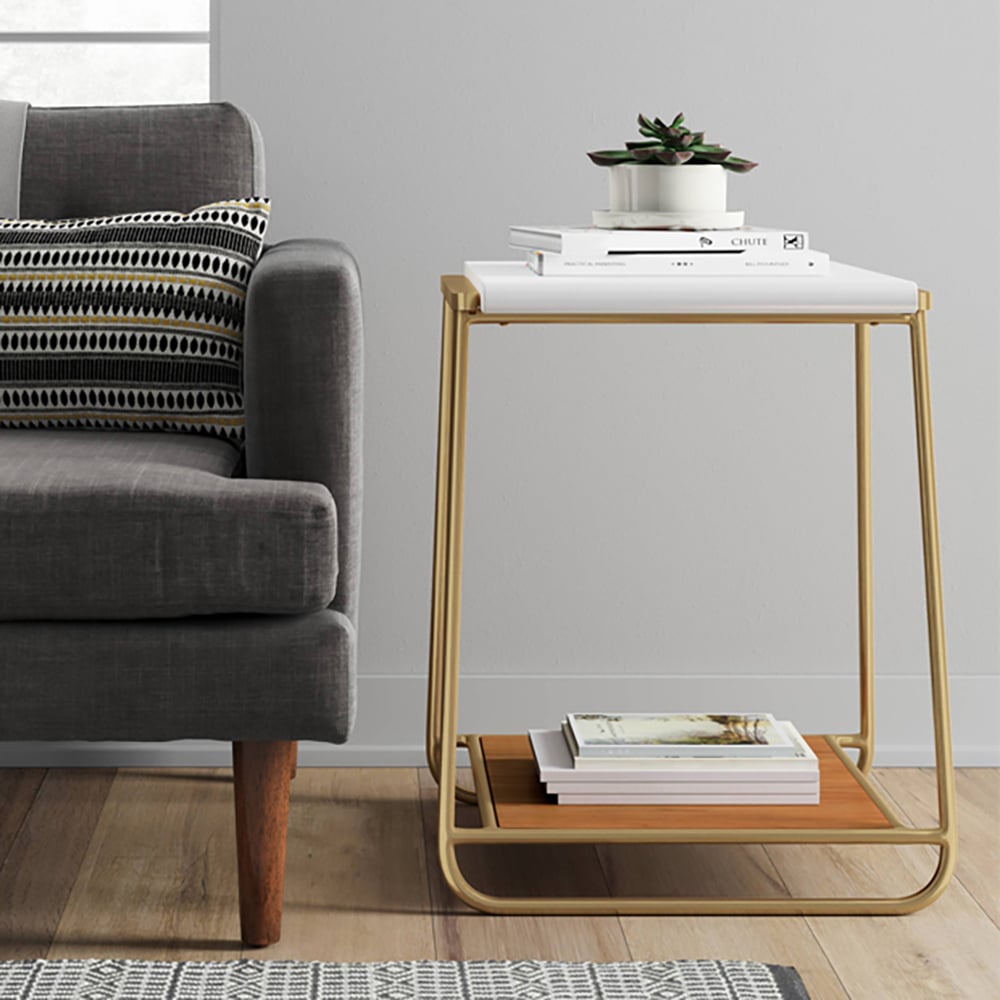 Square White End Table with Storage MDF Top & Gold Metal Frame Small Side Table window image